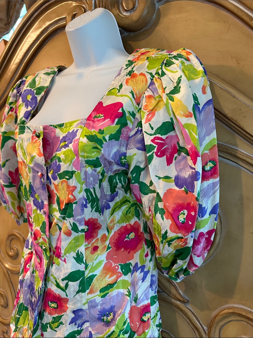 Vintage Della Roufogali Watercolor Floral Puff-Sleeve 2-piece Midi Dress - Picture 3 of 16
